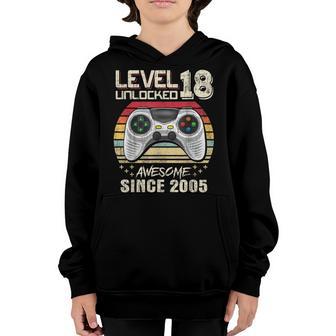 18Th Birthday Boy Level 18 Unlocked Awesome Since 2005 Gifts Youth Hoodie - Thegiftio UK