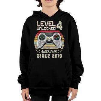 4Th Birthday Boy Level 4 Unlocked Awesome Since 2019 Gifts Youth Hoodie - Thegiftio UK