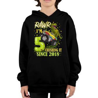 5 Year Old Dinosaur Trex Monster Truck 5Th Birthday Boy Kids Youth Hoodie - Thegiftio UK