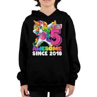 5Th Birthday Gifts Girls Awesome Since 2018 Dabbing Unicorn Youth Hoodie - Thegiftio UK