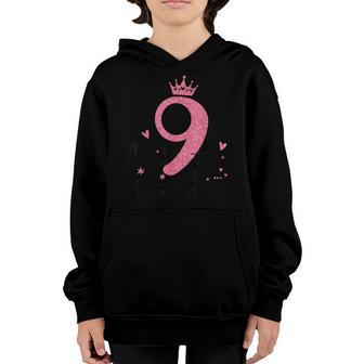 9 Year Old 9Th Birthday Pink Girls Princess Gold Crown Youth Hoodie - Thegiftio UK