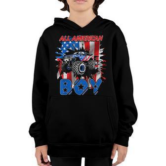 All American Boy Monster Truck Patriotic Usa Flag July 4Th Youth Hoodie - Thegiftio UK
