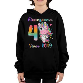 Awesome Since 2019 Flossing Unicorn 4 Year Old Birthday Girl Youth Hoodie - Thegiftio UK