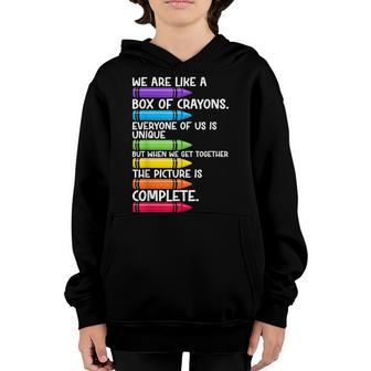 Back To School Teacher We Are Like A Box Of Crayons Youth Hoodie - Thegiftio UK