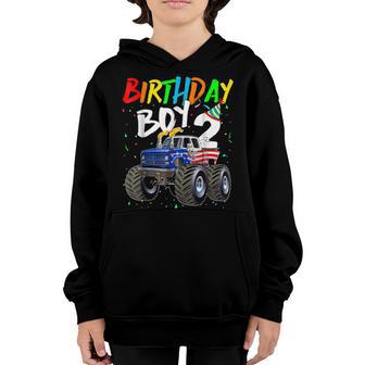 Birthday Boy 2 Year Old Monster Truck Flag 2Nd Birthday Youth Hoodie - Thegiftio UK