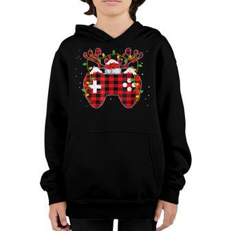 Boy Video Game Controller Christmas Reindeer Red Plaid Light Youth Hoodie - Thegiftio UK