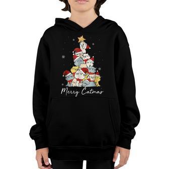 Cat Christmas Tree Xmas Girls Boys Funny Meowy Catmas Santa Youth Hoodie - Thegiftio UK