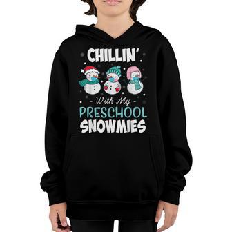Chillin With My Preschool Snowmies Masks Teacher Christmas Youth Hoodie - Thegiftio UK