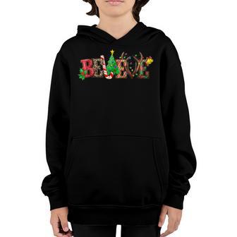 Christmas Believe Boys Girls Santa Hat Xmas Tree Lights Youth Hoodie - Thegiftio UK