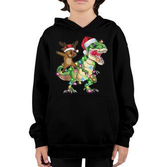 Christmas Dabbing Reindeer Riding Dinosaur Lights Gifts Kids Youth Hoodie - Thegiftio UK
