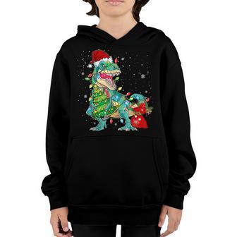 Christmas Dinosaur Santa Hat Lights Tree Rex Gifts Kids Boys Youth Hoodie - Thegiftio UK