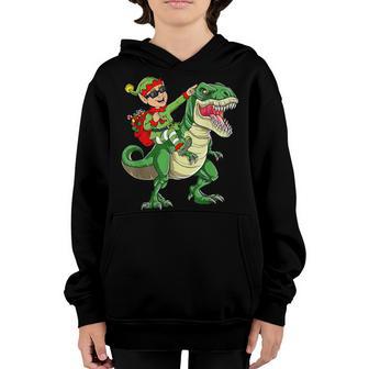 Christmas Elf Riding Dinosaur T Rex Boys Kids Men Funny Xmas Youth Hoodie - Thegiftio UK
