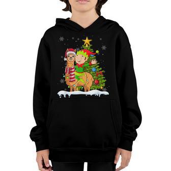 Christmas Elf Riding Llama Santa Xmas Tree Pajamas Gift Boys Youth Hoodie - Thegiftio UK