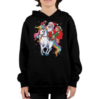 Christmas Santa Elf Riding Unicorn Xmas Girls Women Rainbow V2 Youth Hoodie - Thegiftio UK