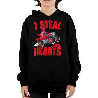 Cool T Rex Ridding Truck I Steal Hearts Valentines Day Boys Youth Hoodie - Thegiftio UK