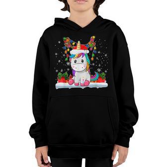 Cute Unicorn Deer Reindeer Christmas Lights Funny Kids Girls Youth Hoodie - Thegiftio UK