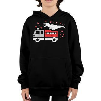 Dinosaur Fire-Truck Valentines Day T-Rex Hearts Boys Kids Youth Hoodie - Seseable