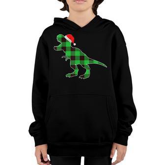 Dinosaur T Rex Green Buffalo Plaid Funny Christmas Boys Kids Youth Hoodie - Thegiftio UK