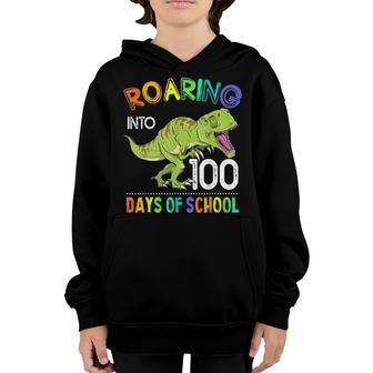 Dinosaur T Rex Roaring Into 100 Days Of School Kids Boys Youth Hoodie - Thegiftio UK