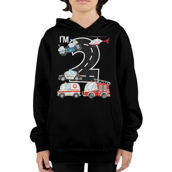 Emergency Vehicles 2Nd Birthday Fire Truck Police Car Boys Youth Hoodie - Thegiftio UK