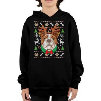 English Bulldog Ugly Christmas Reindeer Antlers Xmas Girls Youth Hoodie - Seseable