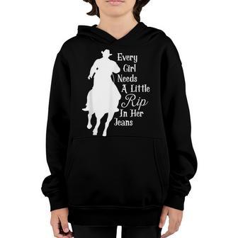 Every Girl Needs A Little Rip In Her Jeans Cowboy On Horse Youth Hoodie - Thegiftio UK