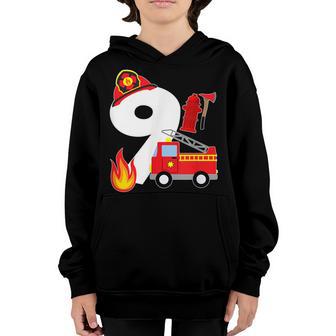 Fire Truck 9 Year Old Firefighter 9Th Birthday Boy Toddler V3 Youth Hoodie - Thegiftio UK