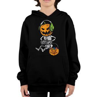 Gamer Pumpkin Skeleton Funny Halloween Gaming Boys Men Kids Youth Hoodie - Thegiftio UK