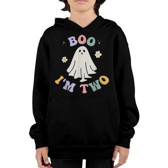Ghost Boo Im Two Yr 2Nd Birthday Kids Halloween Groovy Youth Hoodie - Thegiftio UK