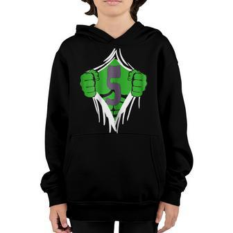 Green Man Chest Superhero Birthday Shirt For 5 Year Old Boys Youth Hoodie | Mazezy