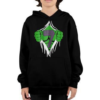 Green Man Chest Superhero Birthday Shirt For 7 Year Old Boys Youth Hoodie | Mazezy