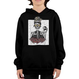 Halloween Coffee Drinking Skeleton Skull Women Girl Leopard Youth Hoodie - Thegiftio UK