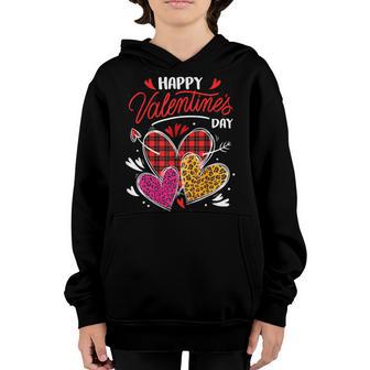 Happy Valentines Day Three Leopard And Plaid Hearts Girls Youth Hoodie - Thegiftio UK