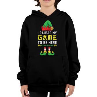 I Paused My Game To Be Here Mens Boys Gamer Elf Christmas Youth Hoodie - Thegiftio UK