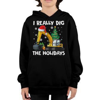I Really Dig The Holidays Excavator Cute Kids Xmas Pajama Youth Hoodie - Thegiftio UK