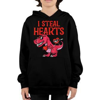 I Steal Hearts Dino Holding Heart Funny Valentines Day Kids Youth Hoodie - Seseable