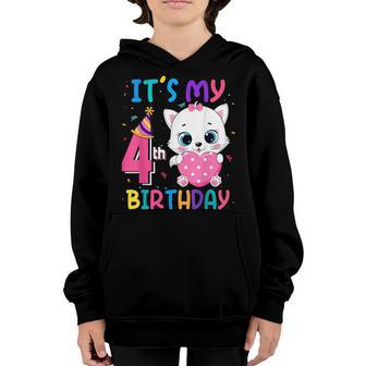 Its My 4Th Birthday Girl Funny Cat Birthday 4 Year Old Youth Hoodie - Thegiftio UK