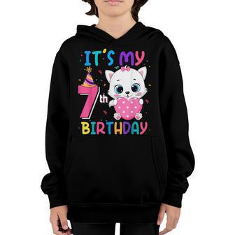 Its My 7Th Birthday Girl Funny Cat Birthday 7 Year Old Youth Hoodie - Thegiftio UK