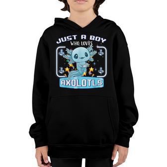 Just A Boy Who Loves Axolotls Funny Axolotl Gamer Kids Boys Youth Hoodie - Thegiftio UK