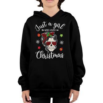 Just A Girl Who Loves Christmas Messy Bun Skull Xmas Youth Hoodie - Thegiftio UK