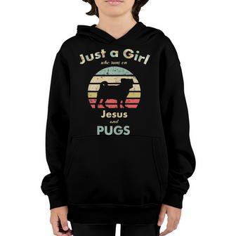 Just A Girl Who Runs On Jesus And Pugs Retro Vintage Dog Youth Hoodie - Thegiftio UK