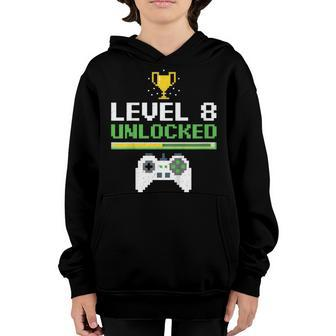 Kids 8 Year Old Gamer Funny Birthday Level 8 Unlocked Youth Hoodie | Mazezy
