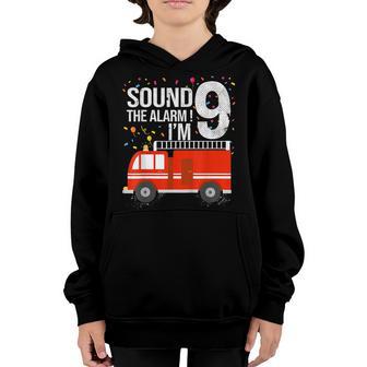 Kids 9 Year Old Firefighter Birthday Party Fire Truck 9Th Youth Hoodie - Thegiftio UK