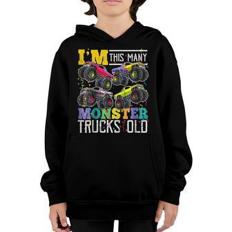 Kids Im This Many Monster Trucks Old 4Th Birthday Shirt Boy Gift Youth Hoodie | Mazezy