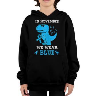 Kids In November We Wear Blue Diabetes Awareness Trex Dino Youth Hoodie - Thegiftio UK