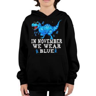 Kids In November We Wear Blue Dinosaur Diabetes Awareness Youth Hoodie - Thegiftio UK