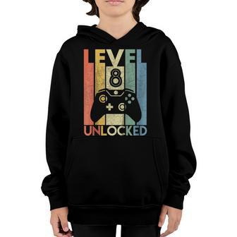 Kids Level 8 Unlocked Shirt Funny Video Gamer 8Th Birthday Gift V2 Youth Hoodie | Mazezy