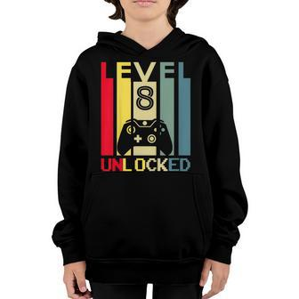 Kids Level 8 Unlocked Shirt Funny Video Gamer 8Th Birthday V2 Youth Hoodie | Mazezy