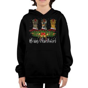 Merry Christmas Cowboy Boot Western Leopard Xmas Pajamas Youth Hoodie - Thegiftio UK