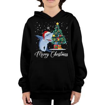 Merry Christmas Shark Santa Hat Tree Lights Xmas Pajamas Boy Youth Hoodie - Thegiftio UK